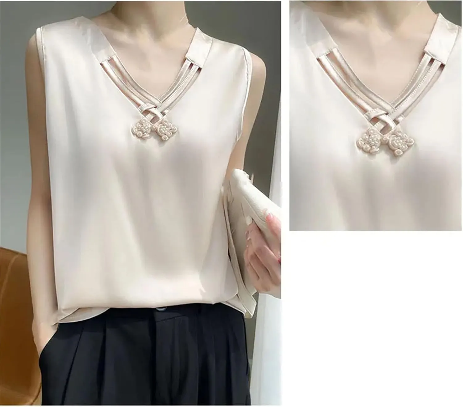 Silk Camisole Tops for Women V-Neck Sexy Suspender Top Satin Chinese Knot Sling