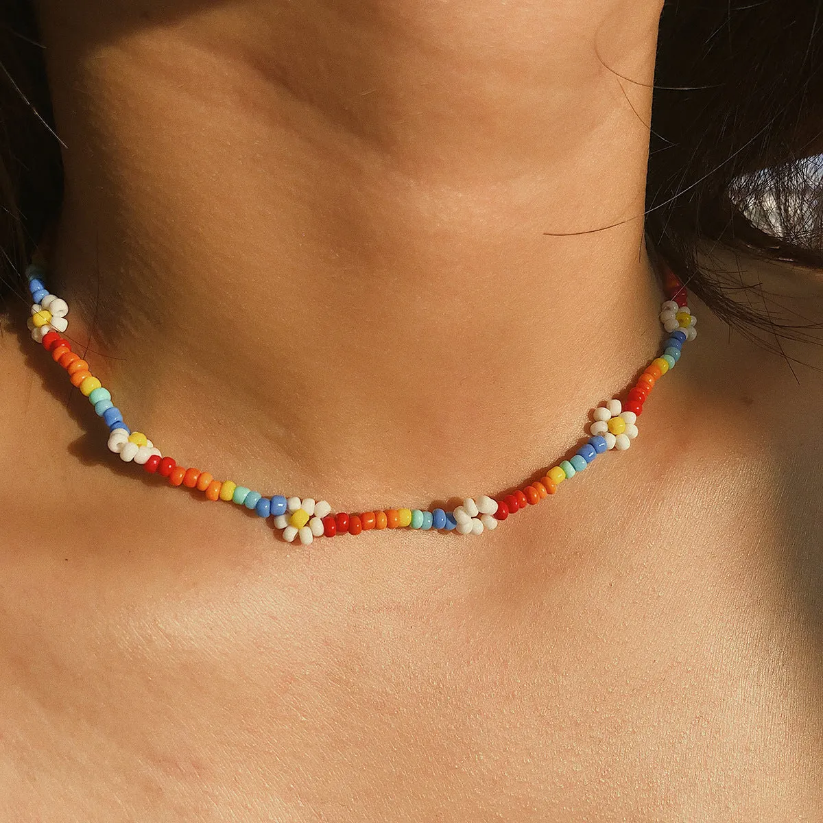 Simple Contrast Color Creative Bracelet Anklet Knitting Handmade Flower Rice Bead Color Necklace For Women