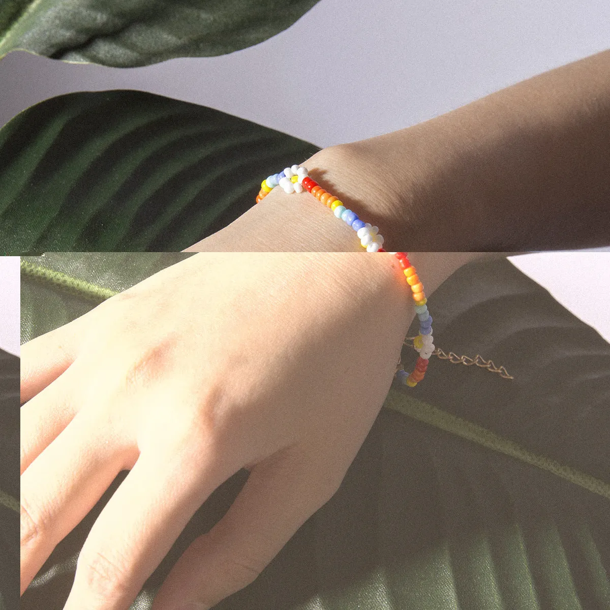 Simple Contrast Color Creative Bracelet Anklet Knitting Handmade Flower Rice Bead Color Necklace For Women