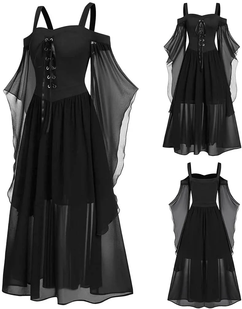 Skeleton Costume Women Tea Dress Halloween Party Dresses Long Sleeve Lace Splicing Swing Goku Black Cosplay Red