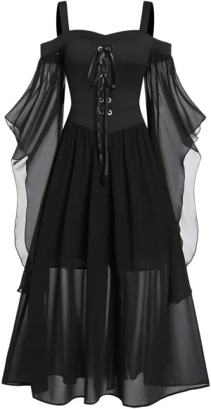 Skeleton Costume Women Tea Dress Halloween Party Dresses Long Sleeve Lace Splicing Swing Goku Black Cosplay Red