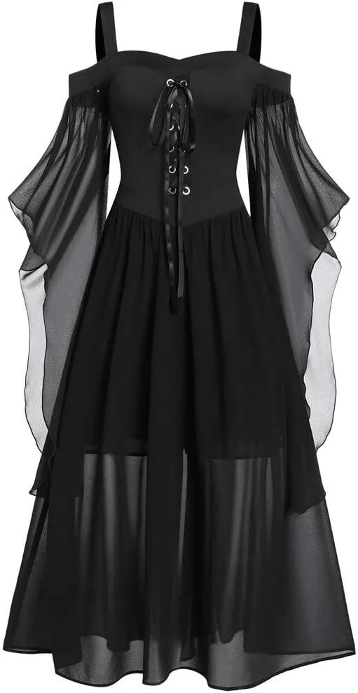 Skeleton Costume Women Tea Dress Halloween Party Dresses Long Sleeve Lace Splicing Swing Goku Black Cosplay Red