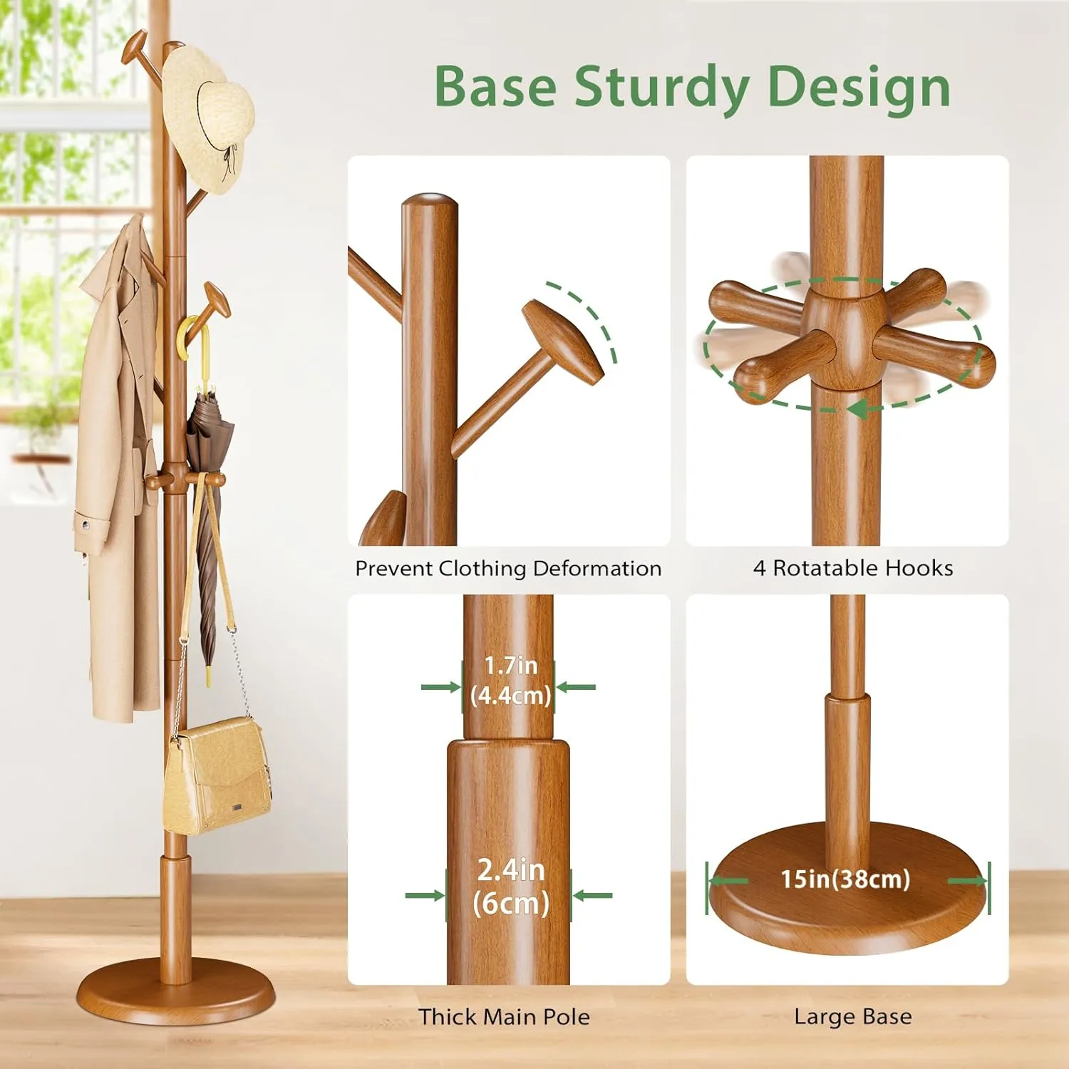 Solid Wood Coat Rack, Freestanding Coat Rack with 10 Hooks and Thickened Base, Coat Tree 3 Adjustable Heights for Bedroom, Entryway, Livingroom, Coat Hanger Stand for Scarves, Handbags (Walnut Brown)