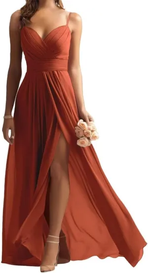 Spaghetti Strap Bridesmaid Dresses V-Neck Prom Dresses Chiffon Formal Evening Party Maxi Gowns with Silt PE460