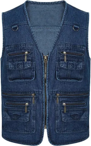 Spanye Men Denim Vest Outdoor Work Jacket Multi Pocket for Travel Photo Fishing Big & Tall