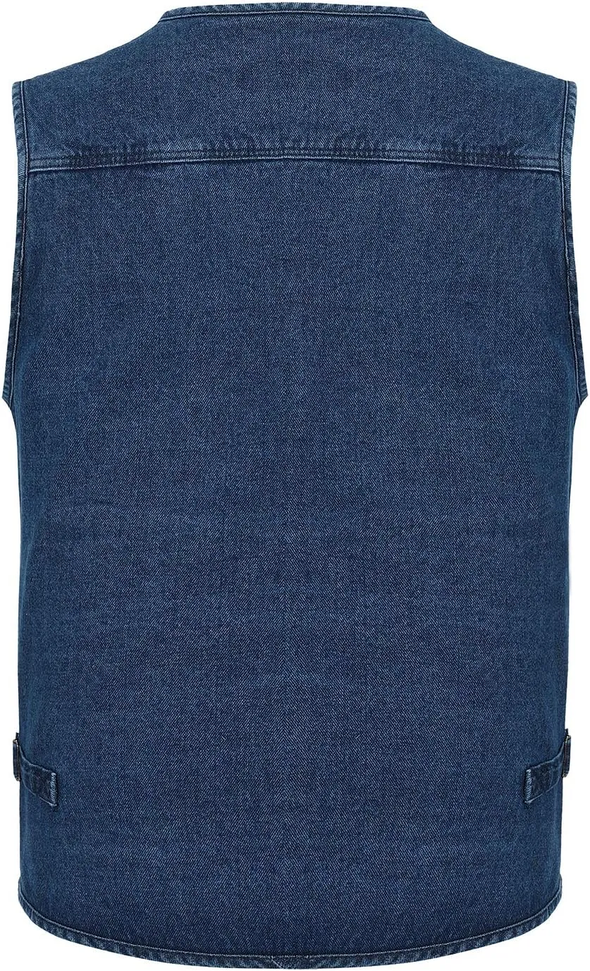 Spanye Men Denim Vest Outdoor Work Jacket Multi Pocket for Travel Photo Fishing Big & Tall
