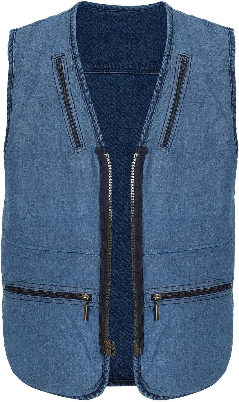 Spanye Men Denim Vest Outdoor Work Jacket Multi Pocket for Travel Photo Fishing Big & Tall