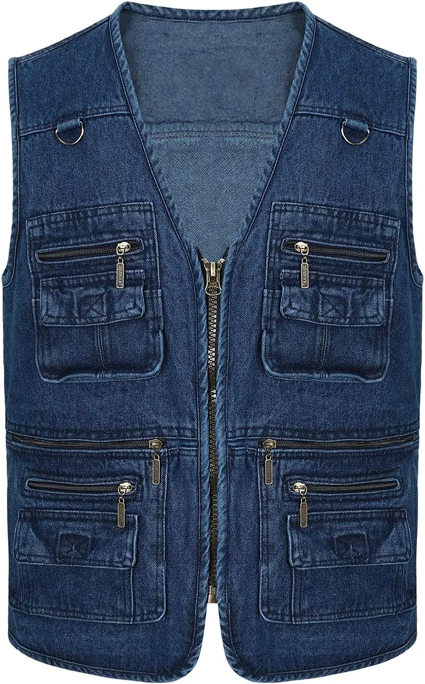 Spanye Men Denim Vest Outdoor Work Jacket Multi Pocket for Travel Photo Fishing Big & Tall