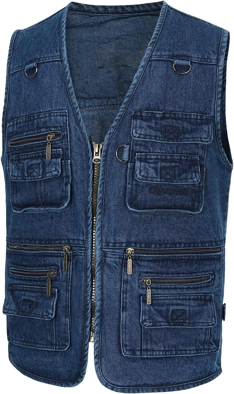 Spanye Men Denim Vest Outdoor Work Jacket Multi Pocket for Travel Photo Fishing Big & Tall