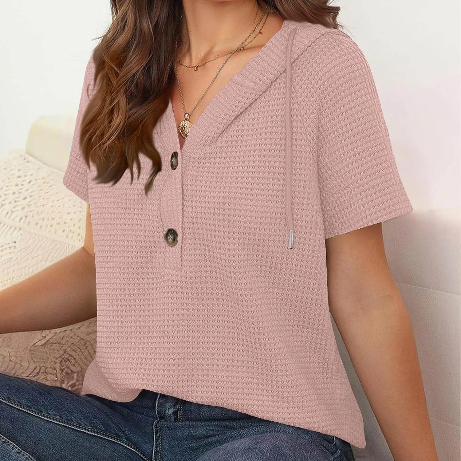 Spring Resort Wear Outfits Vacation Waffle Knit Tops Trendy 2025 Fashion Trends Cute Short Sleeve Hoodie Oversized