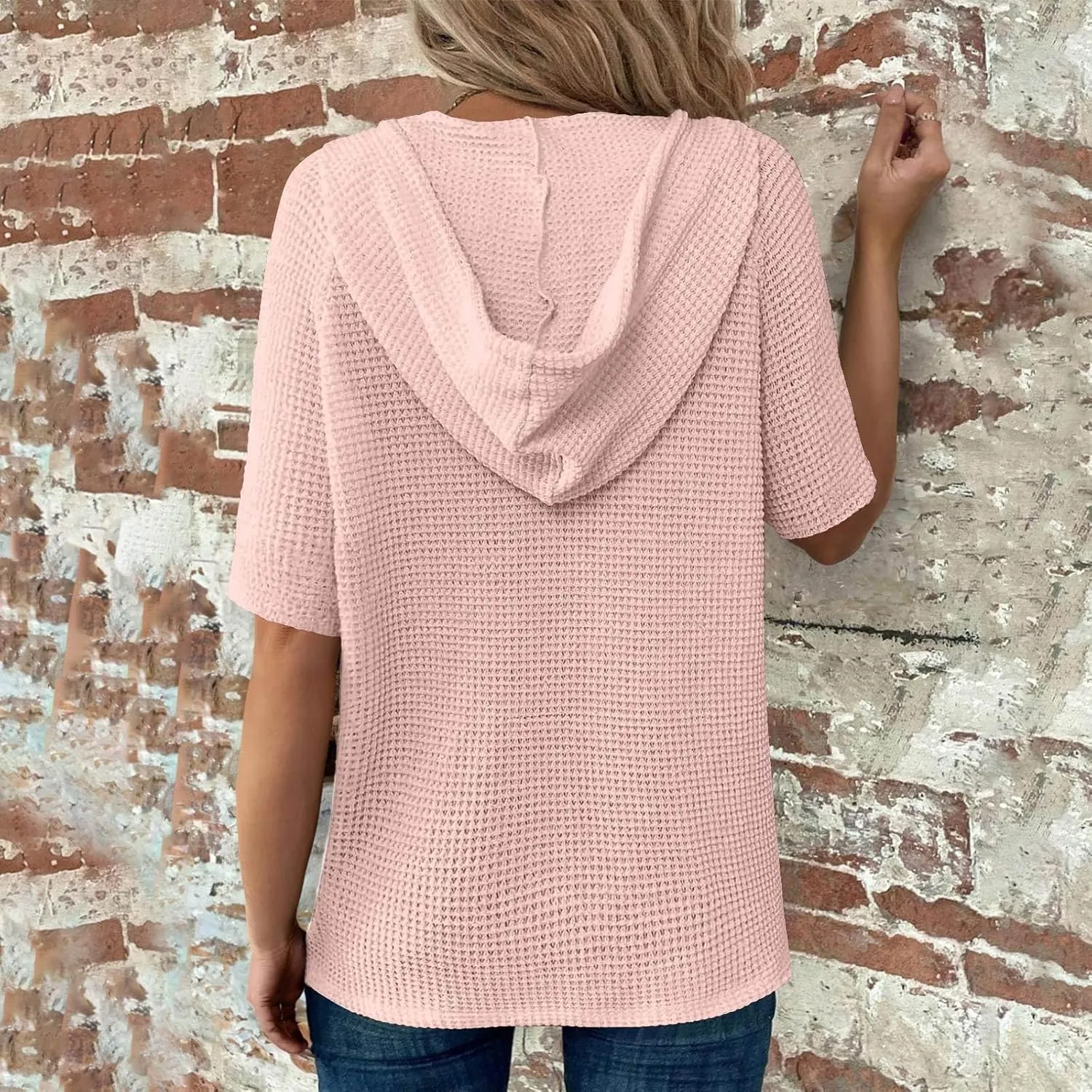 Spring Resort Wear Outfits Vacation Waffle Knit Tops Trendy 2025 Fashion Trends Cute Short Sleeve Hoodie Oversized