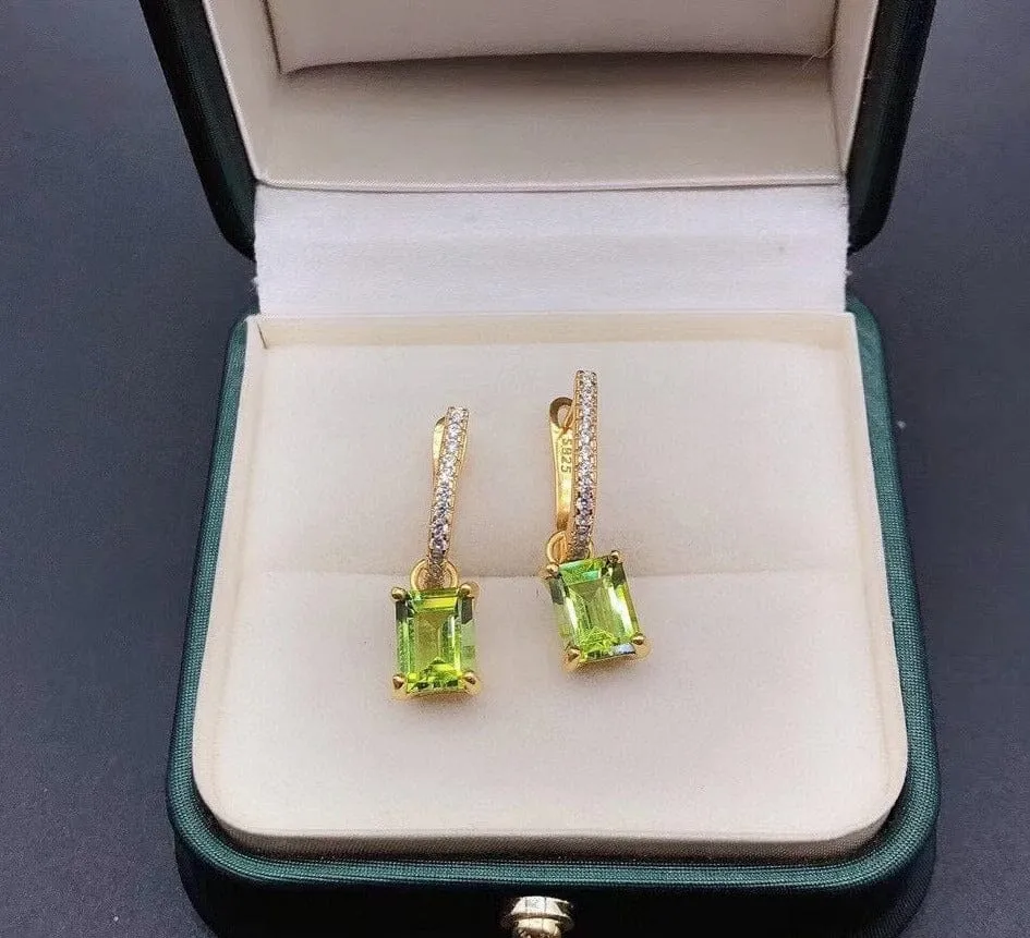 Square Cut Peridot 925 Silver Yellow Gold Plated Clip Earrings