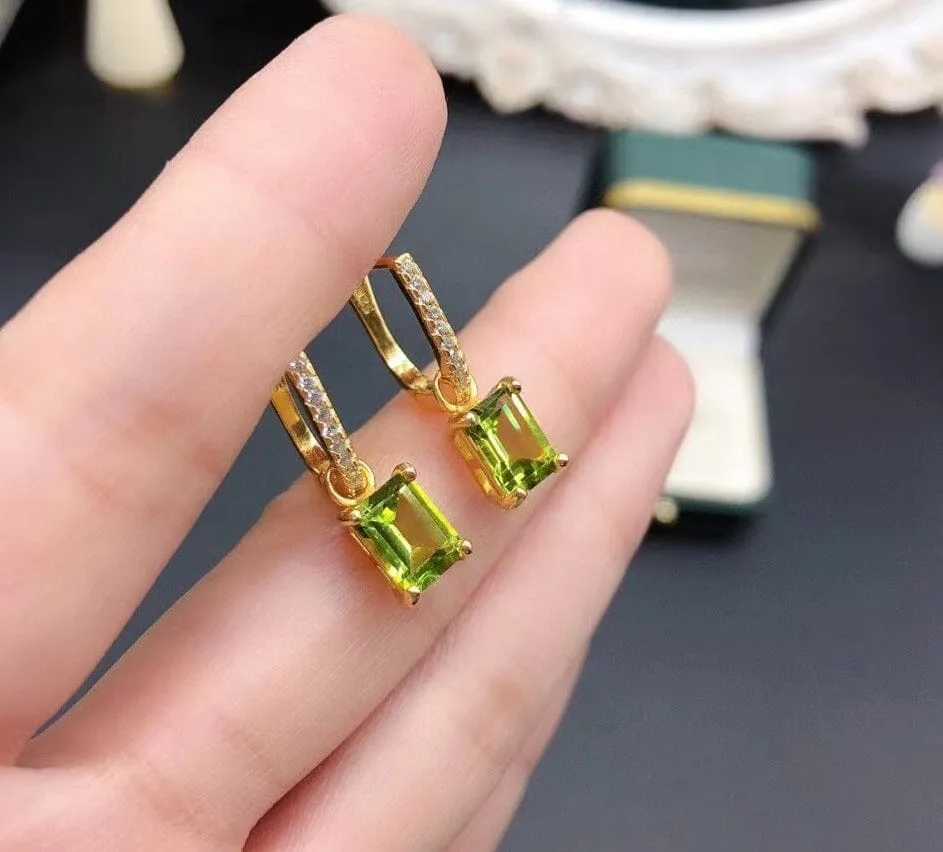 Square Cut Peridot 925 Silver Yellow Gold Plated Clip Earrings