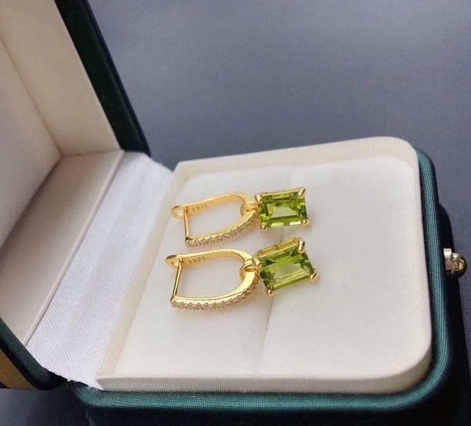 Square Cut Peridot 925 Silver Yellow Gold Plated Clip Earrings
