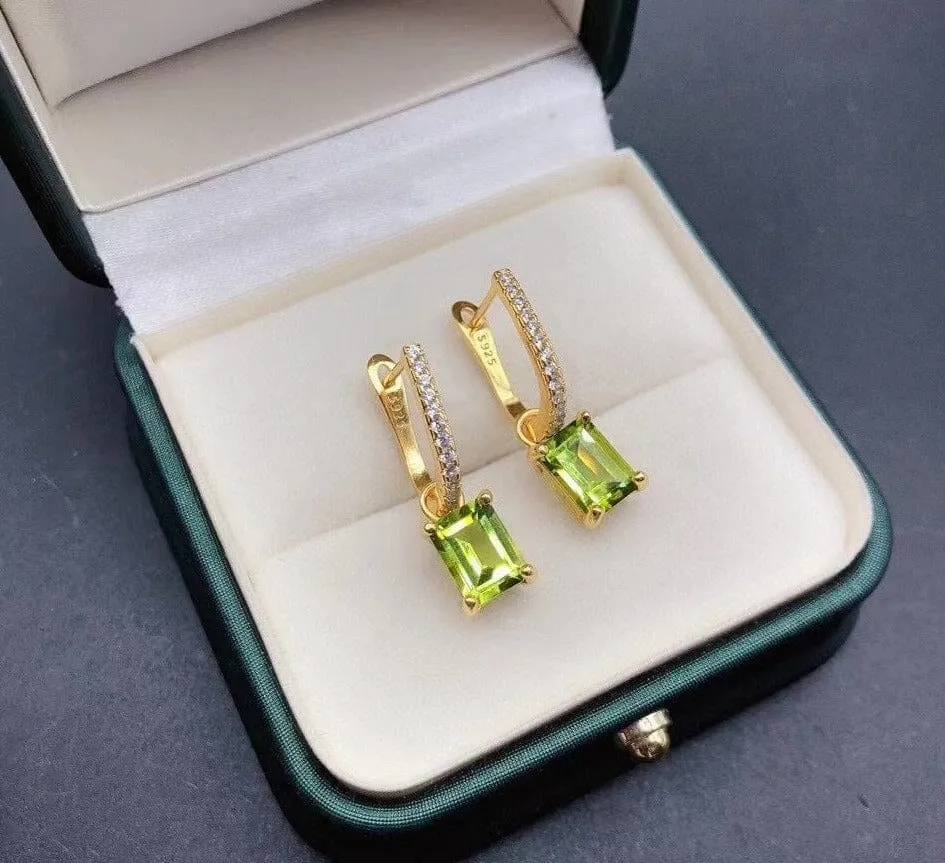 Square Cut Peridot 925 Silver Yellow Gold Plated Clip Earrings