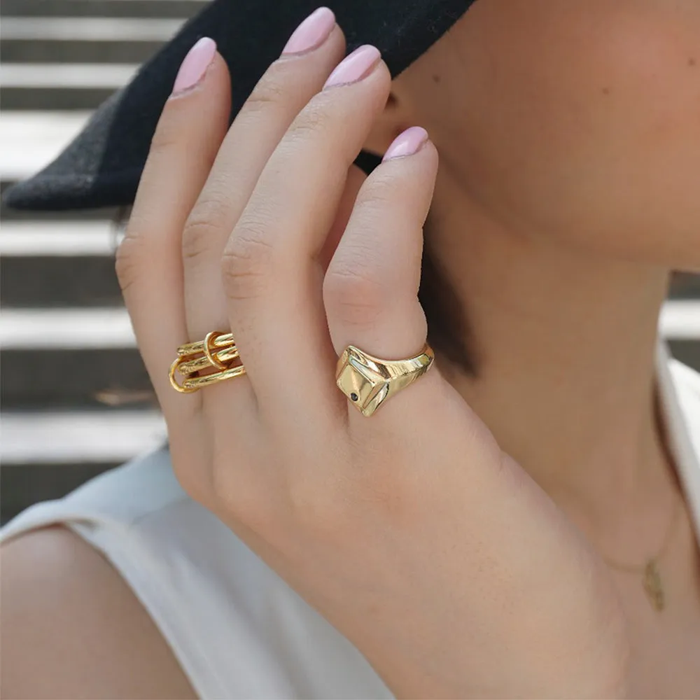 STERLING SILVER GOLD PLATED THREE LINKED RING