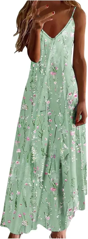 Summer Dresses for Women 2025 Beach Vacation Sexy Spaghetti Strap v Neck Sun Dress Flowy Maxi Long Sundresses Trendy