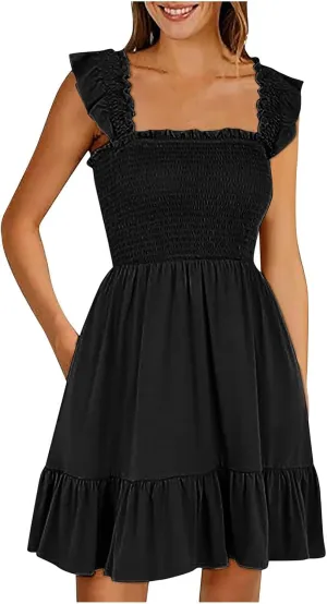 Summer Dresses for Women, Women's Casual Square Neck Ruffle Sleeve Bohemian Smocked A Line Swing Mini Dress Party Sundresses