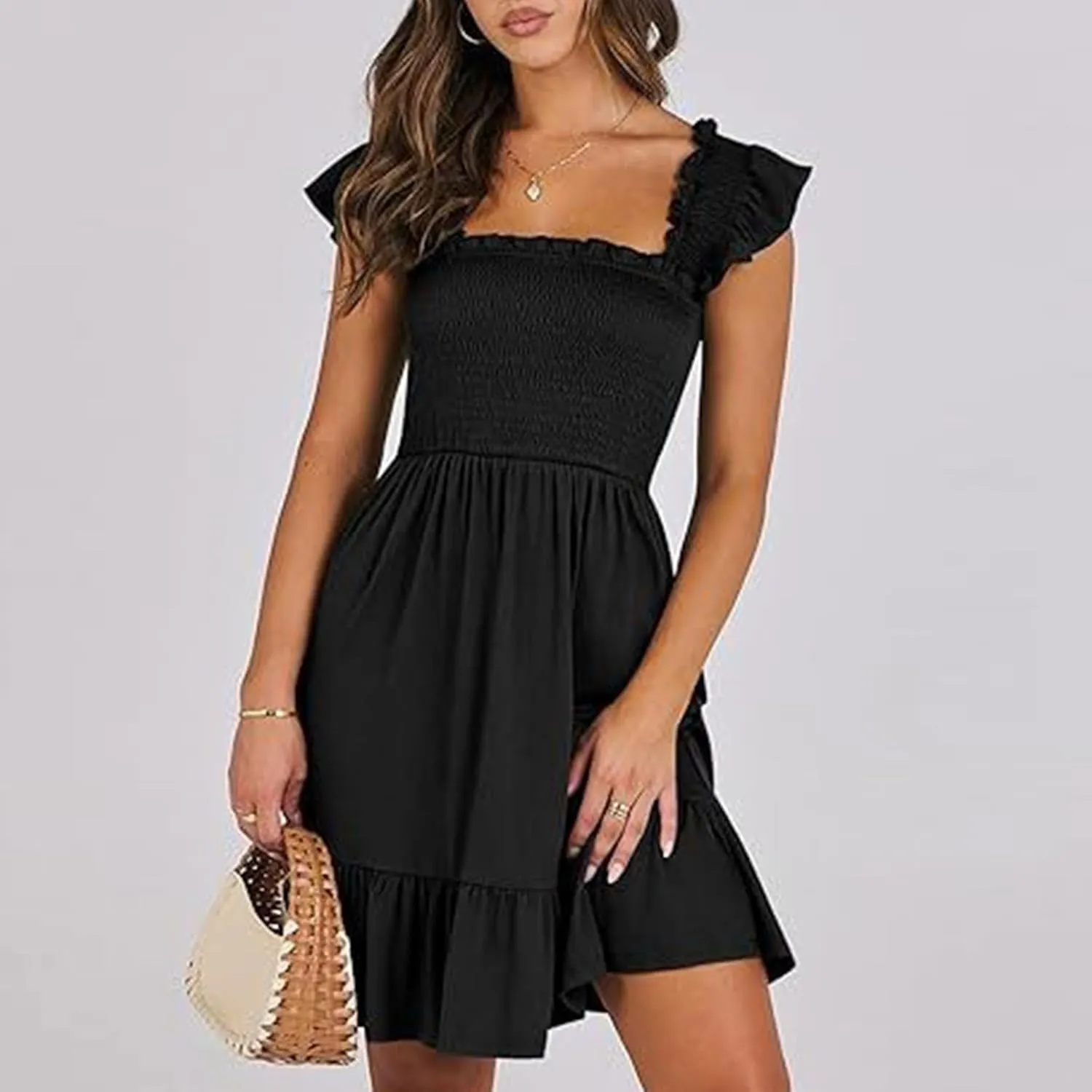 Summer Dresses for Women, Women's Casual Square Neck Ruffle Sleeve Bohemian Smocked A Line Swing Mini Dress Party Sundresses
