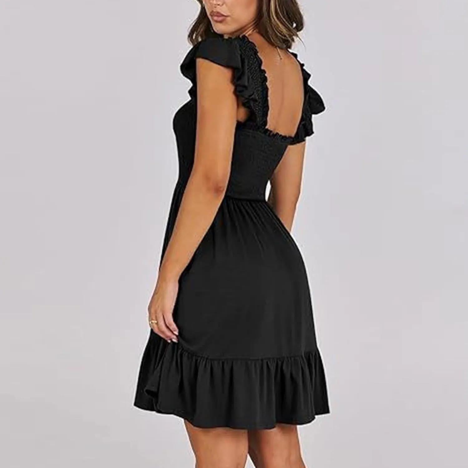 Summer Dresses for Women, Women's Casual Square Neck Ruffle Sleeve Bohemian Smocked A Line Swing Mini Dress Party Sundresses