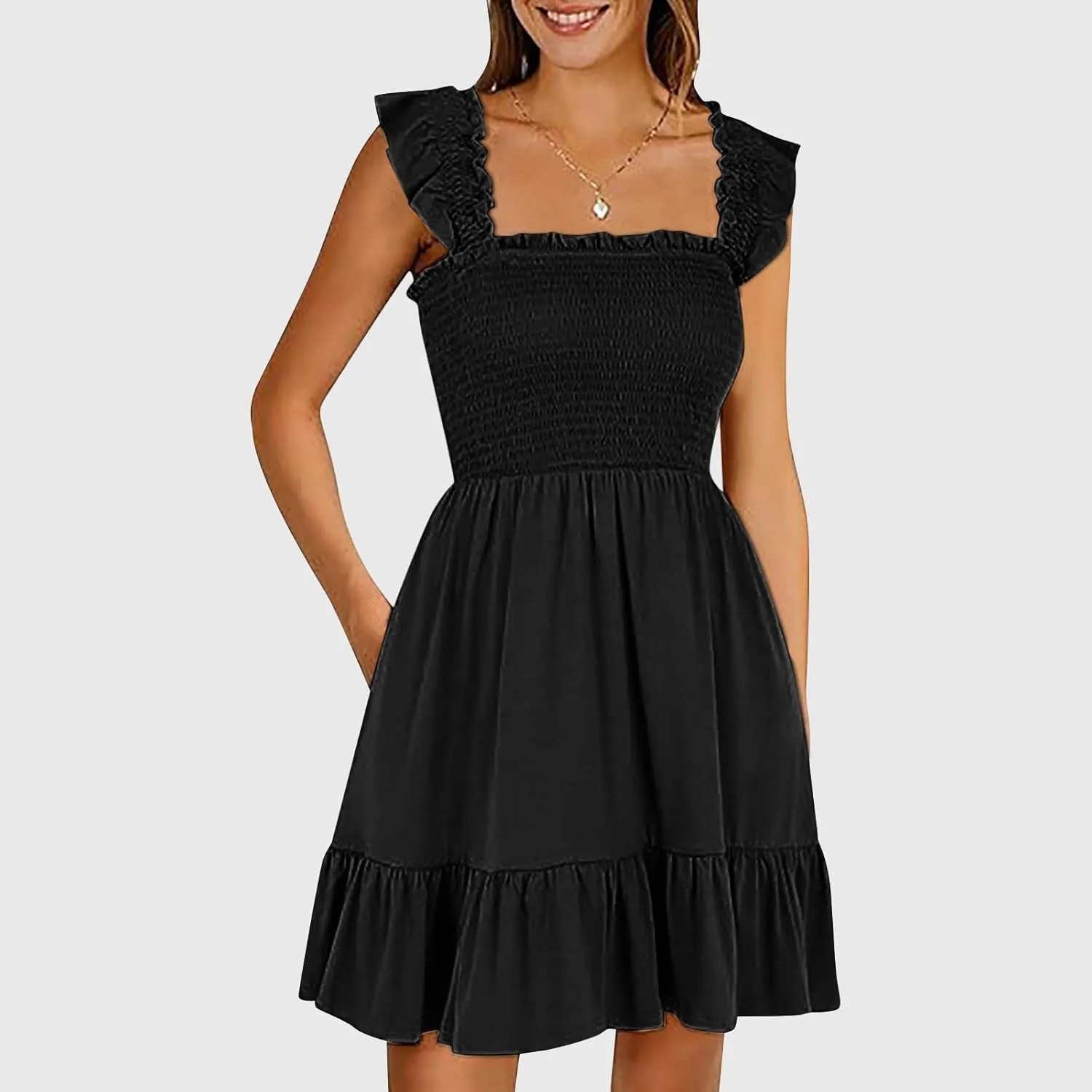 Summer Dresses for Women, Women's Casual Square Neck Ruffle Sleeve Bohemian Smocked A Line Swing Mini Dress Party Sundresses
