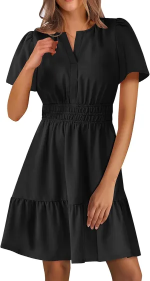 Summer Mini Dresses for Women Casual V Neck Short Sleeve Dress Loose Fit Tunic Tiered Ruffle Hem A-Line Sundress