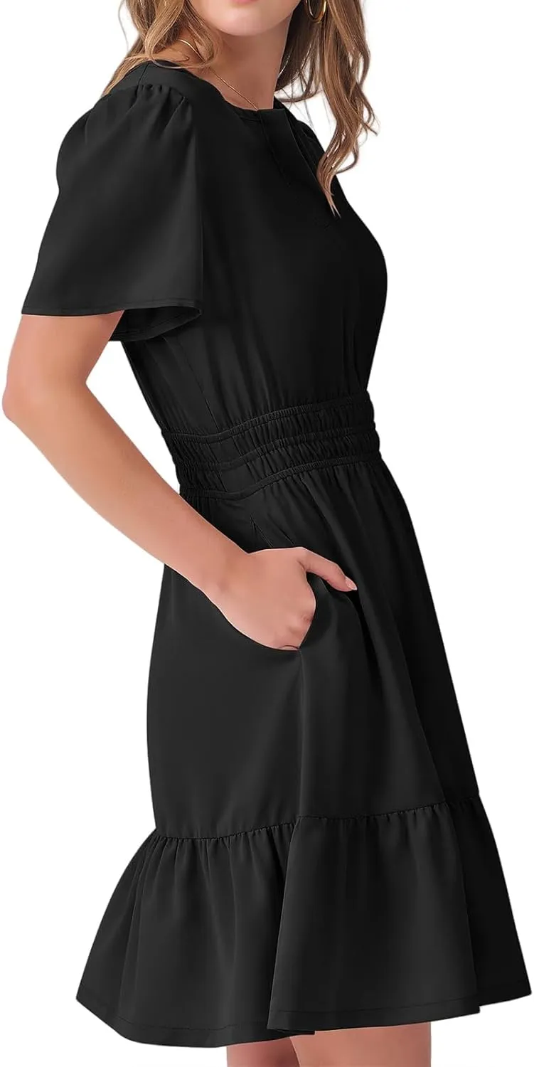 Summer Mini Dresses for Women Casual V Neck Short Sleeve Dress Loose Fit Tunic Tiered Ruffle Hem A-Line Sundress