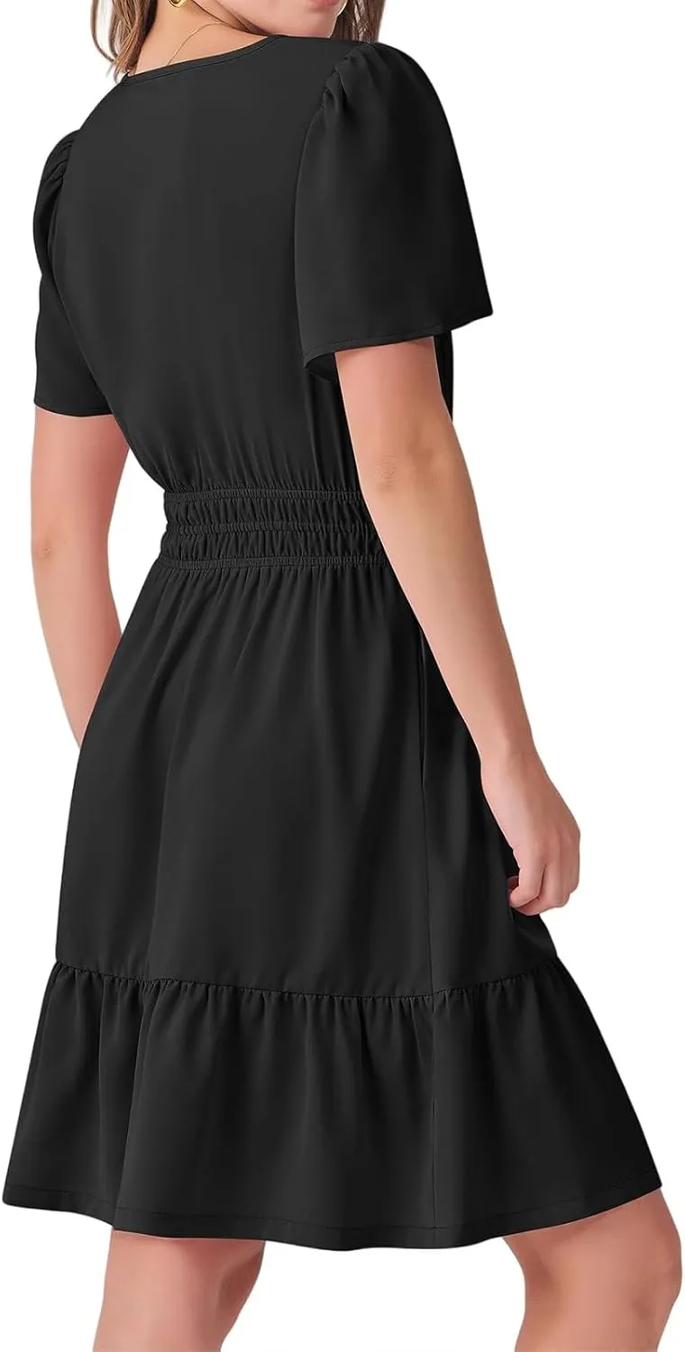 Summer Mini Dresses for Women Casual V Neck Short Sleeve Dress Loose Fit Tunic Tiered Ruffle Hem A-Line Sundress
