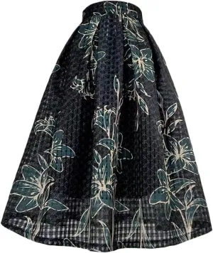 Summer Woman Vintage Elegant Print Plaid High Waist Pleated Midi Skirt