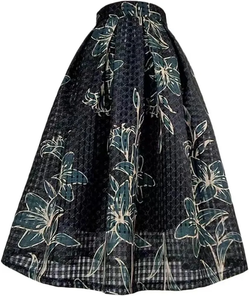 Summer Woman Vintage Elegant Print Plaid High Waist Pleated Midi Skirt