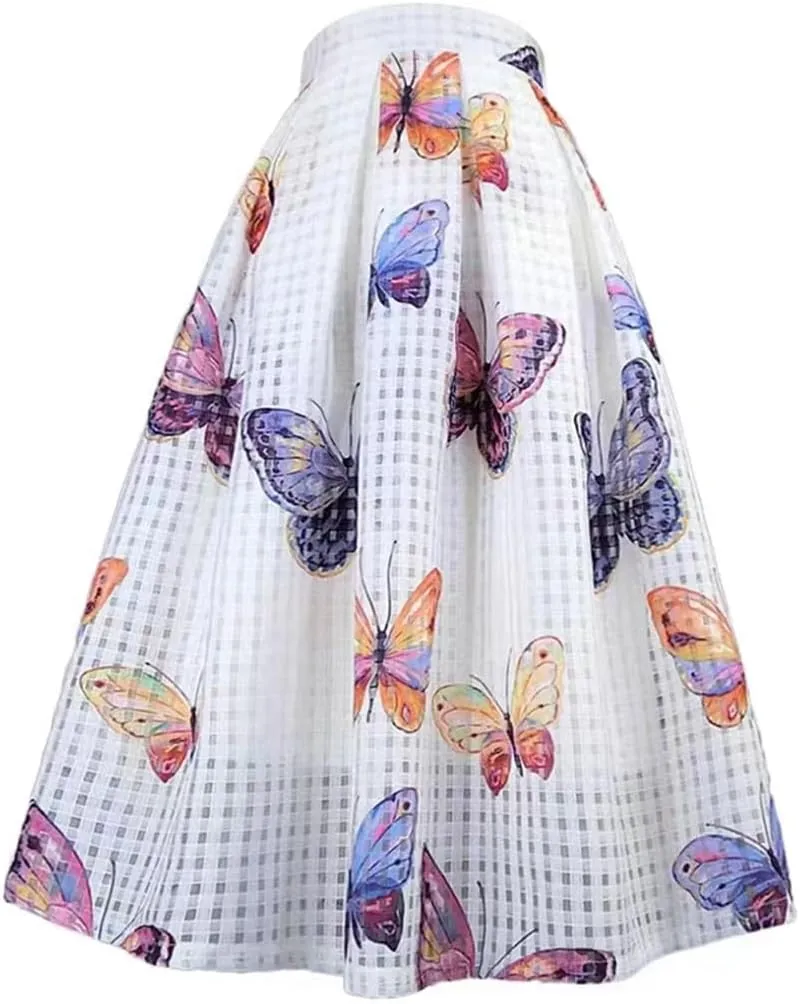 Summer Woman Vintage Elegant Print Plaid High Waist Pleated Midi Skirt