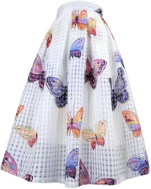 Summer Woman Vintage Elegant Print Plaid High Waist Pleated Midi Skirt