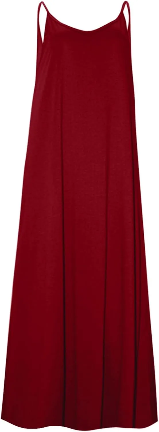 Sun Dresses for Women Strappy V Neck Sleeveless Flowy Deesses Casual Loose Long Maxi Beach Sundress with Pockets