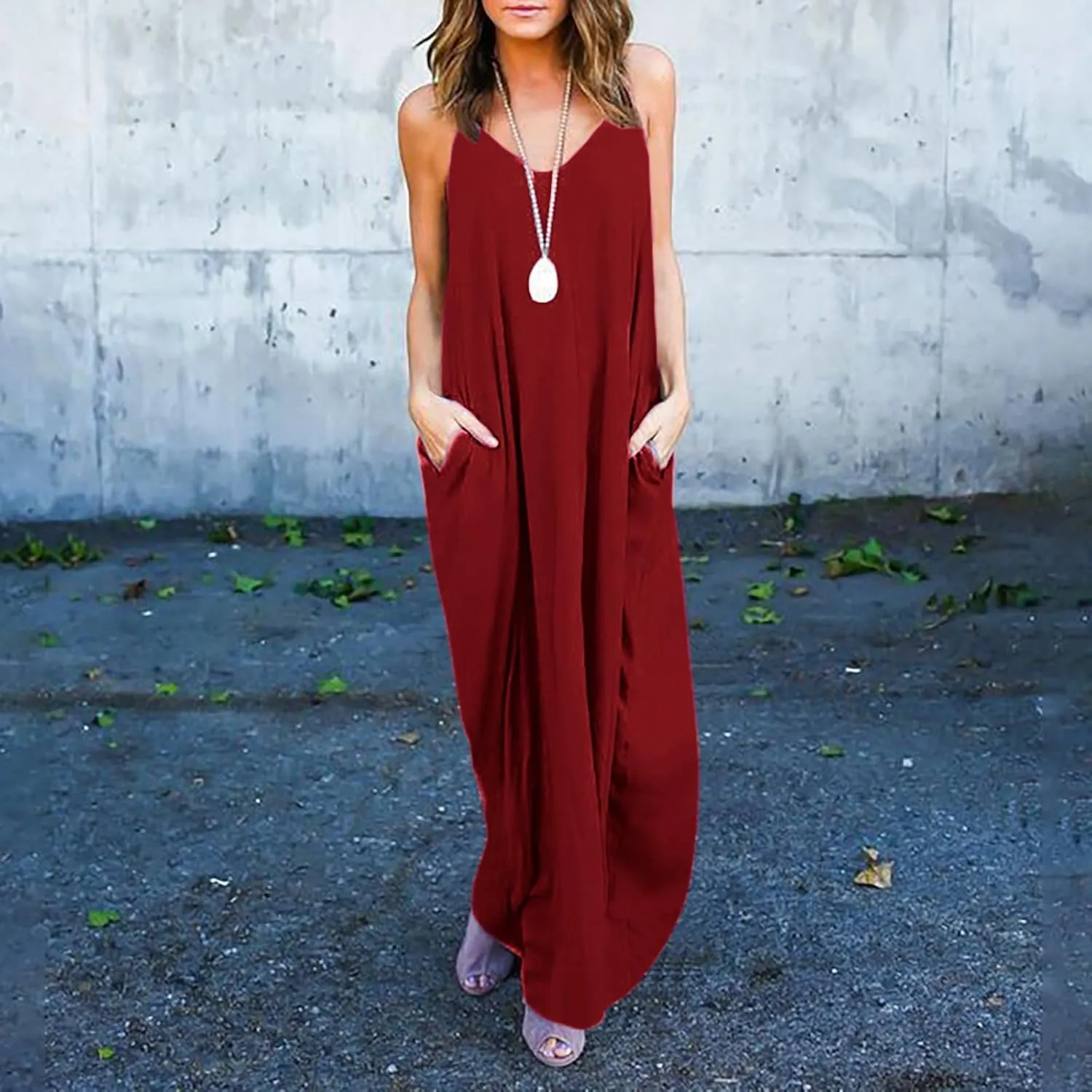 Sun Dresses for Women Strappy V Neck Sleeveless Flowy Deesses Casual Loose Long Maxi Beach Sundress with Pockets