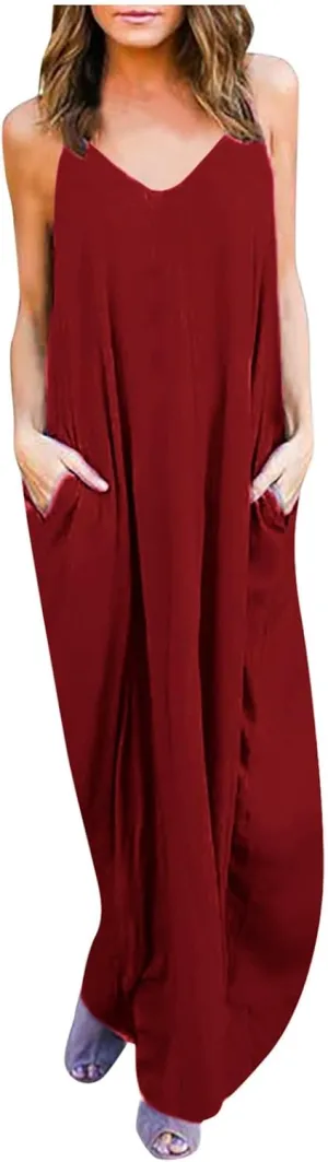 Sun Dresses for Women Strappy V Neck Sleeveless Flowy Deesses Casual Loose Long Maxi Beach Sundress with Pockets