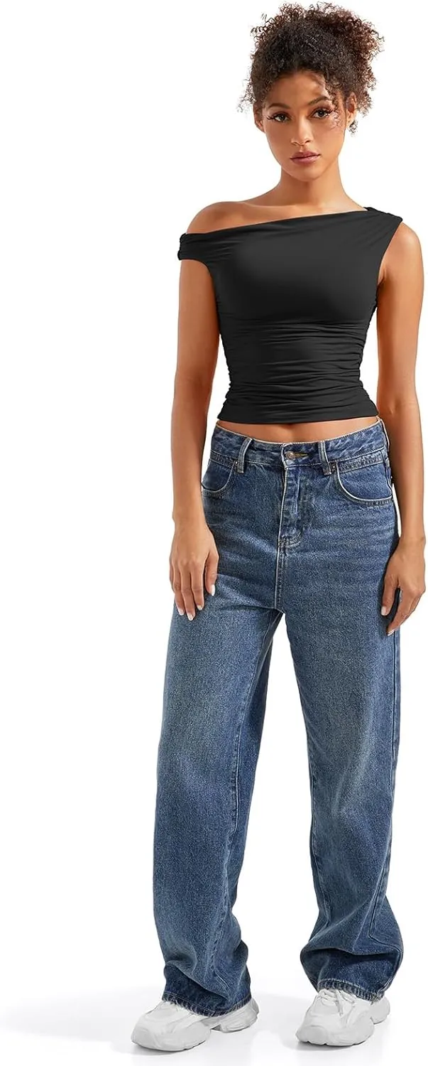 SUUKSESS Women Off Shoulder Tops Sleeveless Shirts Y2K Going Out Crop Tank Top