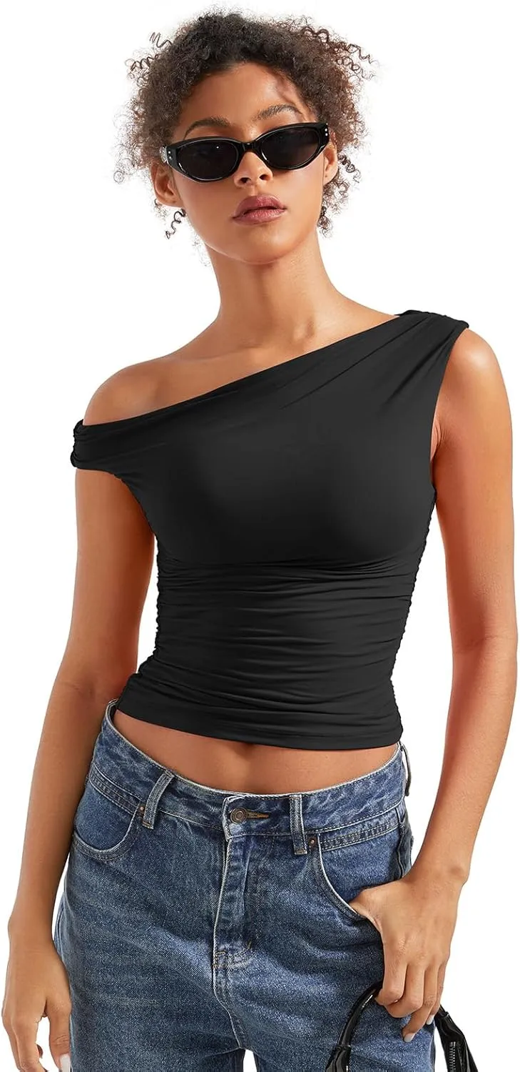 SUUKSESS Women Off Shoulder Tops Sleeveless Shirts Y2K Going Out Crop Tank Top