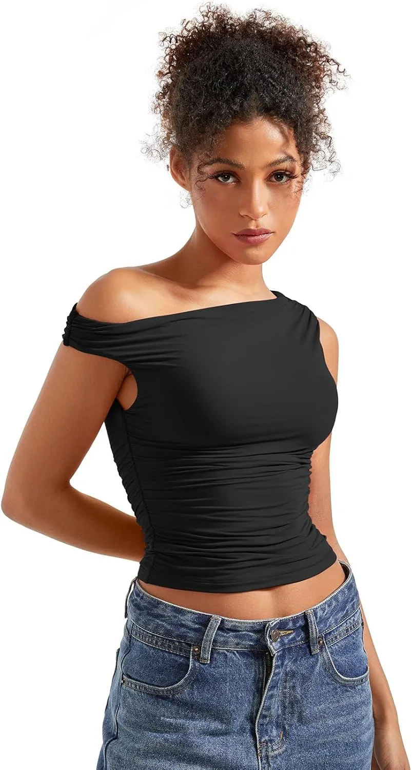SUUKSESS Women Off Shoulder Tops Sleeveless Shirts Y2K Going Out Crop Tank Top