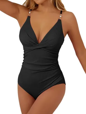 swimall Women's One Piece Swimsuit Tummy Control Cutout Bathing Suit High Waist Ruched Retro Swimwear with O-Ring