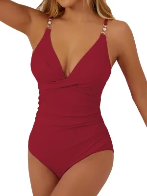 swimall Women's One Piece Swimsuit Tummy Control Cutout Bathing Suit High Waist Ruched Retro Swimwear with O-Ring