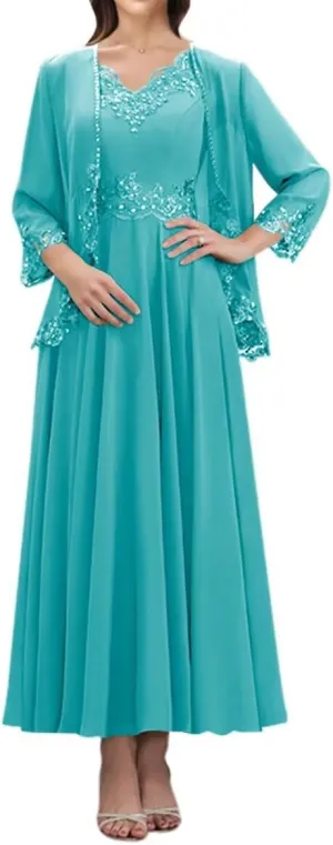 SYYS 2 Pieces Mother of The Bride Dresses Appliques Chiffon Formal Dresses for Women with Pockets SYYS414