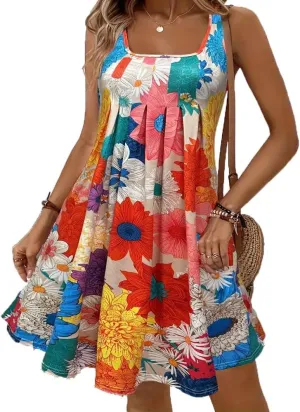 Tank Dress for Women Summer Casual Floral Mini Dress Sleeveless Square Neck Pleated Loose Swing Beach Vacation Sundresses