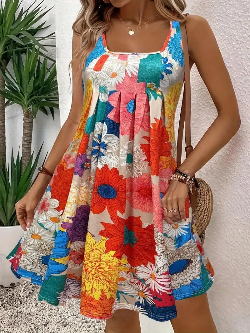 Tank Dress for Women Summer Casual Floral Mini Dress Sleeveless Square Neck Pleated Loose Swing Beach Vacation Sundresses