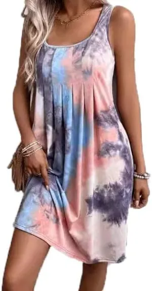 Tank Dress for Women Summer Casual Floral Mini Dress Sleeveless Square Neck Pleated Loose Swing Beach Vacation Sundresses