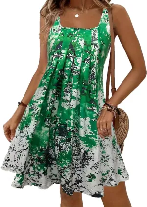 Tank Dress for Women Summer Casual Floral Mini Dress Sleeveless Square Neck Pleated Loose Swing Beach Vacation Sundresses