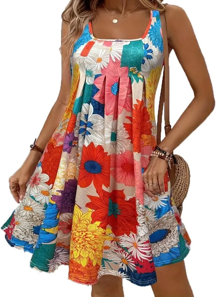 Tank Dress for Women Summer Casual Floral Mini Dress Sleeveless Square Neck Pleated Loose Swing Beach Vacation Sundresses