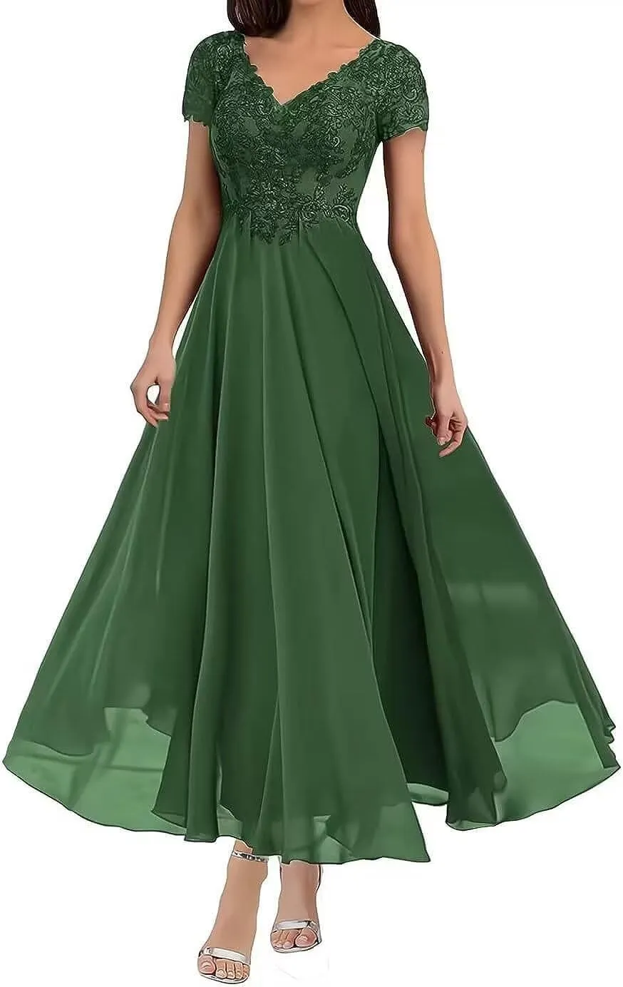 Tea Length Mother of The Bride Dresses for Wedding Lace Applique Chiffon A Line Formal Evening Gowns
