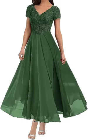 Tea Length Mother of The Bride Dresses for Wedding Lace Applique Chiffon A Line Formal Evening Gowns