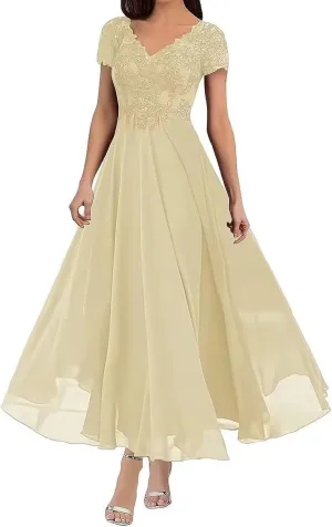 Tea Length Mother of The Bride Dresses for Wedding Lace Applique Chiffon A Line Formal Evening Gowns