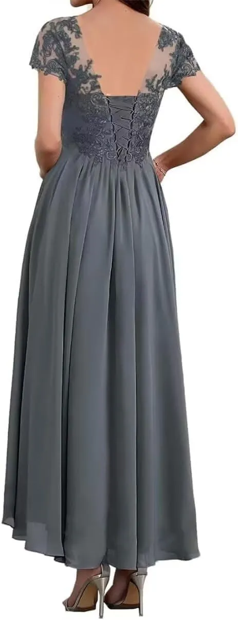 Tea Length Mother of The Bride Dresses for Wedding Lace Applique Chiffon A Line Formal Evening Gowns